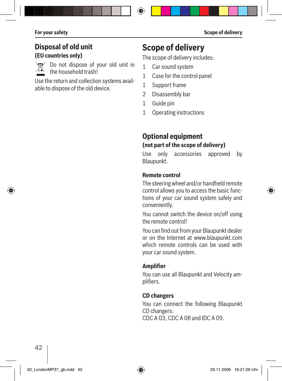 Scope of delivery, Disposal of old unit, Optional equipment | Blaupunkt LONDON MP37 7 647 553 310 User Manual | Page 8 / 38