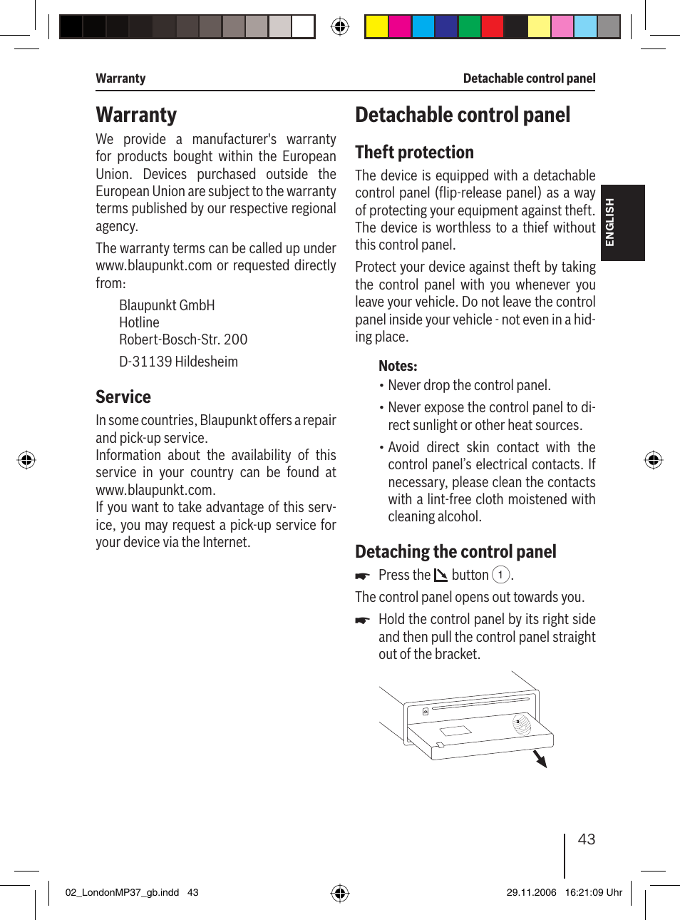 Warranty, Detachable control panel, Service | Theft protection, Detaching the control panel | Blaupunkt LONDON MP37 7 647 553 310 User Manual | Page 9 / 38