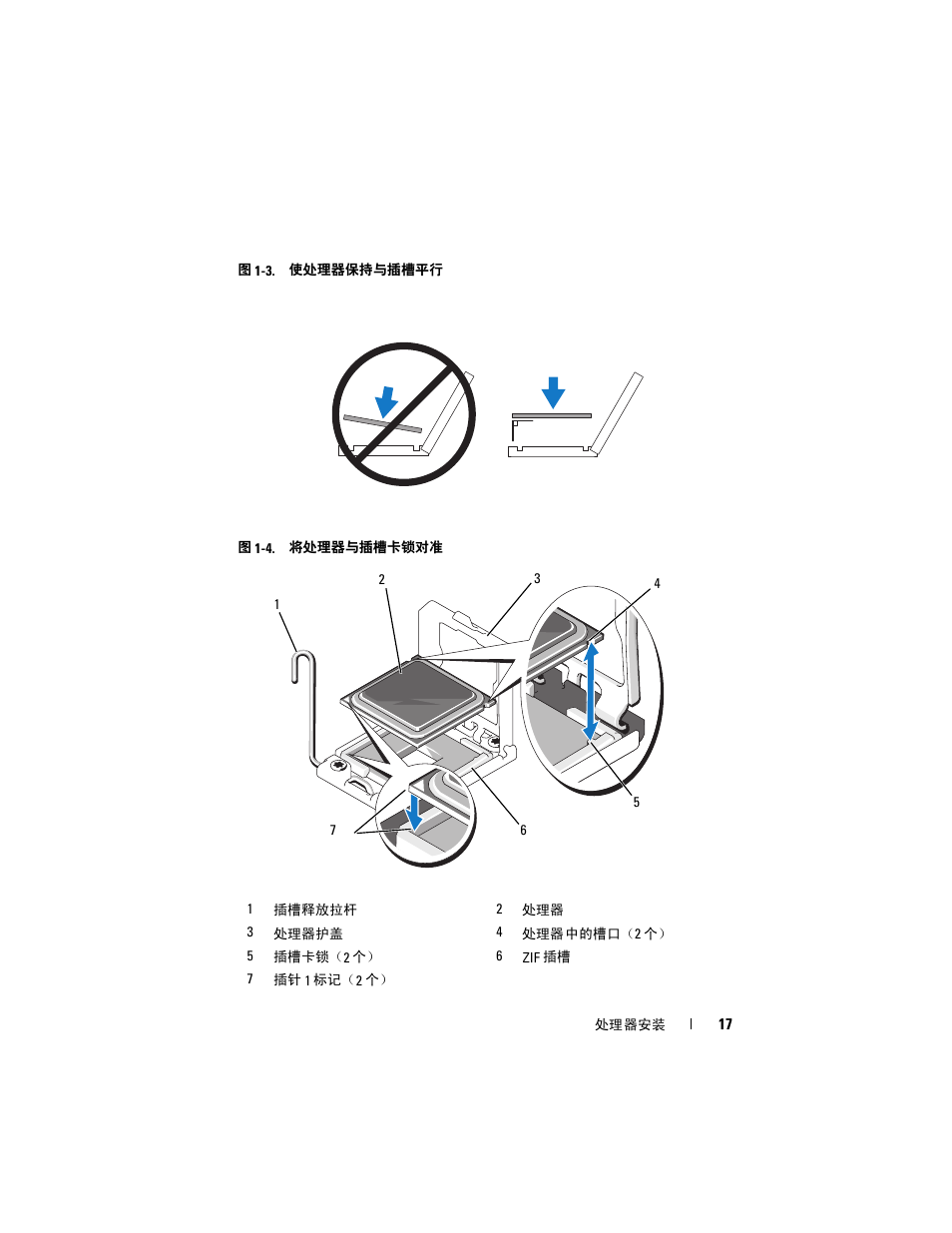 角形。请参阅图 1-4, 对准并保持水平。请参阅图 1-3, 图 1-4 | 将处理器安装到插槽中。使处理器保持水平（请参阅图 1-3）并将其 | Dell PowerEdge M710 User Manual | Page 17 / 70