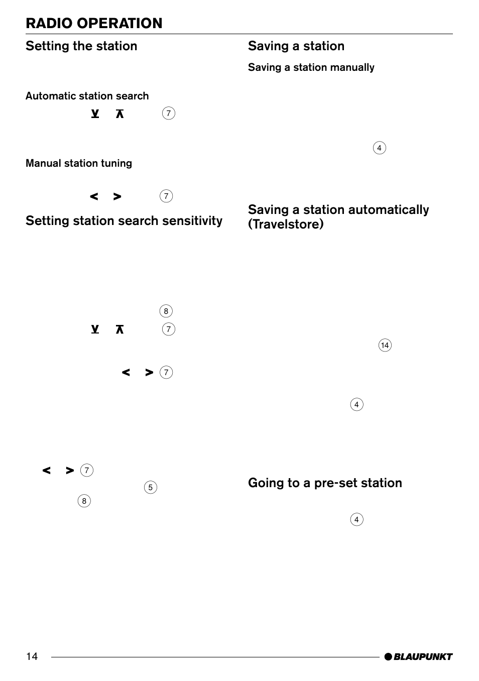 Radio operation, Setting the station, Setting station search sensitivity | Saving a station, Saving a station automatically (travelstore), Going to a pre-set station | Blaupunkt Hamburg CD70 User Manual | Page 14 / 29