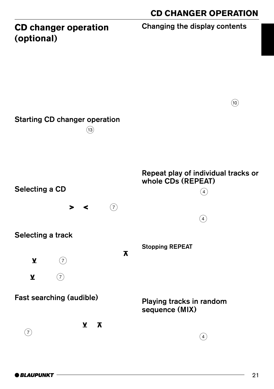 Cd changer operation (optional), Cd changer operation, Starting cd changer operation | Selecting a cd, Selecting a track, Fast searching (audible), Changing the display contents, Playing tracks in random sequence (mix) | Blaupunkt Hamburg CD70 User Manual | Page 21 / 29