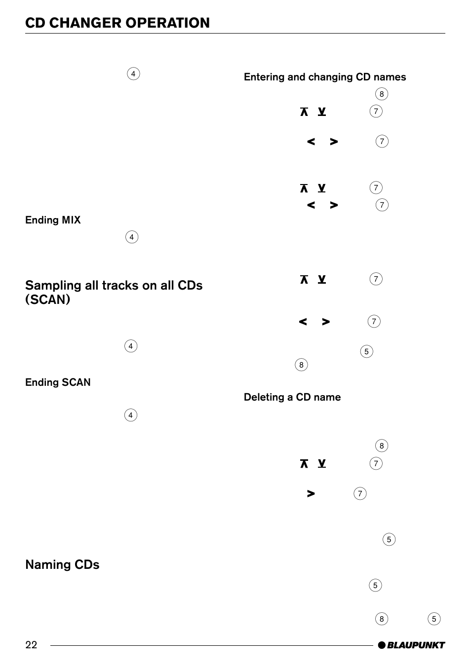 Cd changer operation, Sampling all tracks on all cds (scan), Naming cds | Blaupunkt Hamburg CD70 User Manual | Page 22 / 29