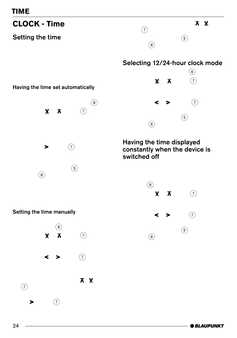 Clock - time, Time, Setting the time | Selecting 12/24-hour clock mode | Blaupunkt Hamburg CD70 User Manual | Page 24 / 29