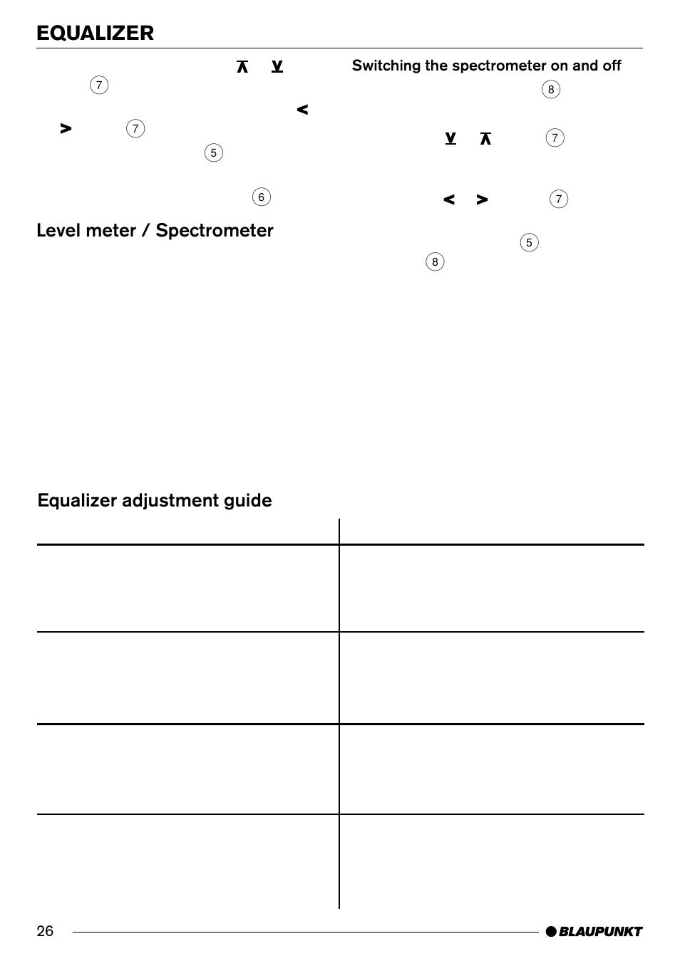 Equalizer, Level meter / spectrometer, Equalizer adjustment guide | Blaupunkt Hamburg CD70 User Manual | Page 26 / 29