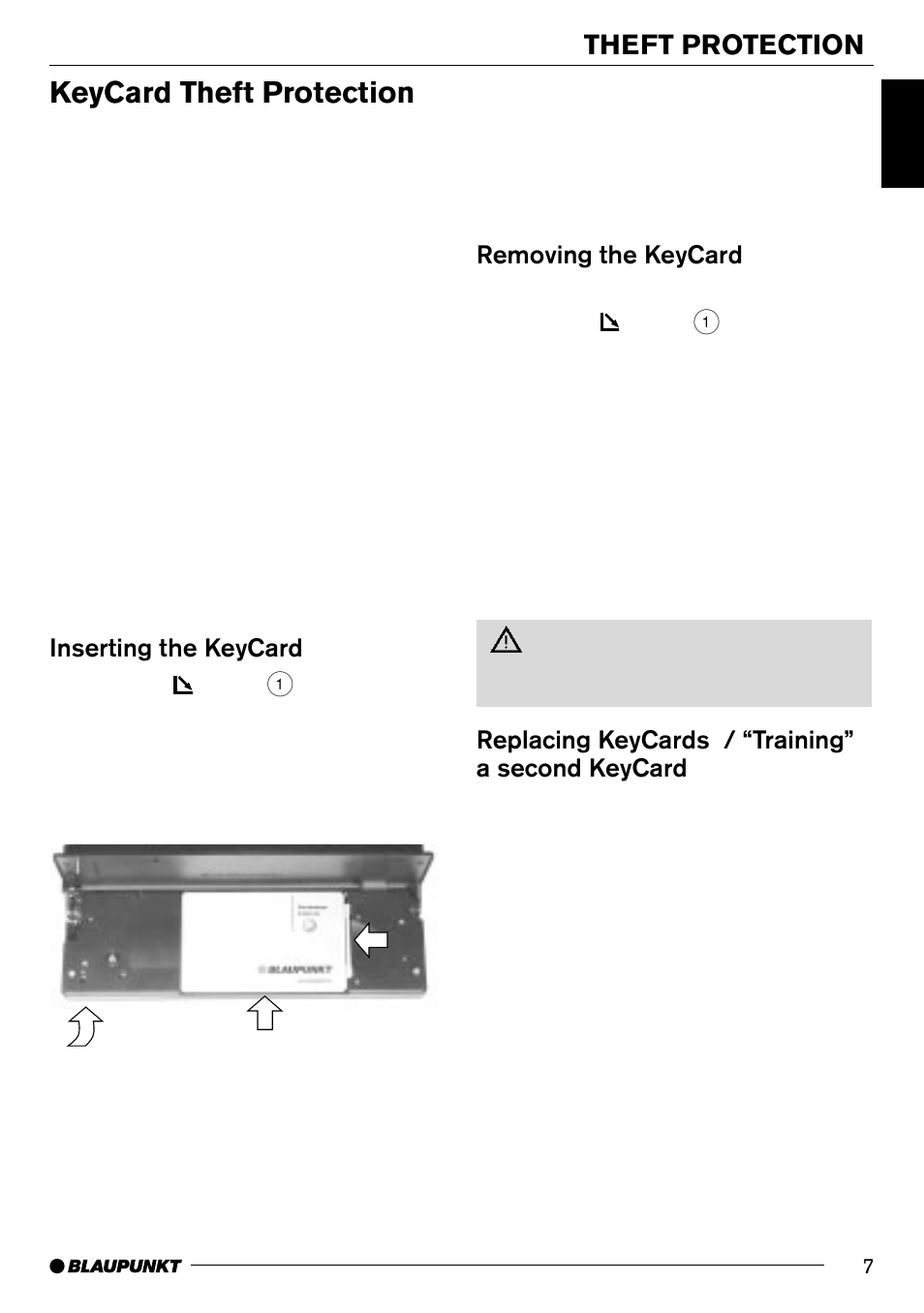 Keycard theft protection, Theft protection, Removing the keycard | Replacing keycards / “training” a second keycard, Inserting the keycard | Blaupunkt Hamburg CD70 User Manual | Page 7 / 29