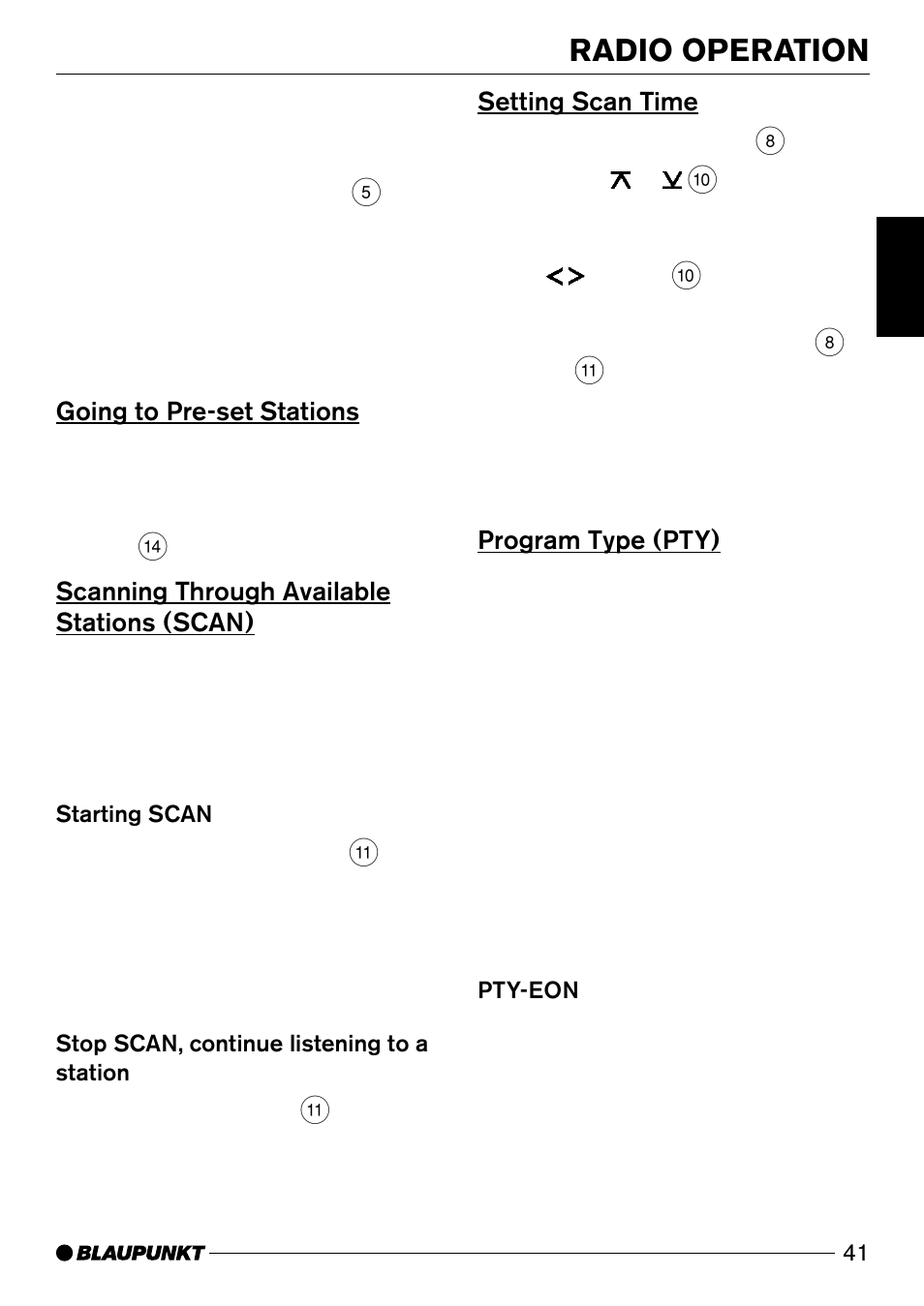 Radio operation, Going to pre-set stations, Scanning through available stations (scan) | Setting scan time, Program type (pty) | Blaupunkt Verona C51 User Manual | Page 12 / 30