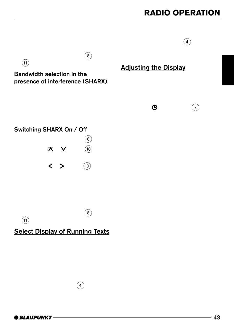 Radio operation, Select display of running texts, Adjusting the display | Blaupunkt Verona C51 User Manual | Page 14 / 30