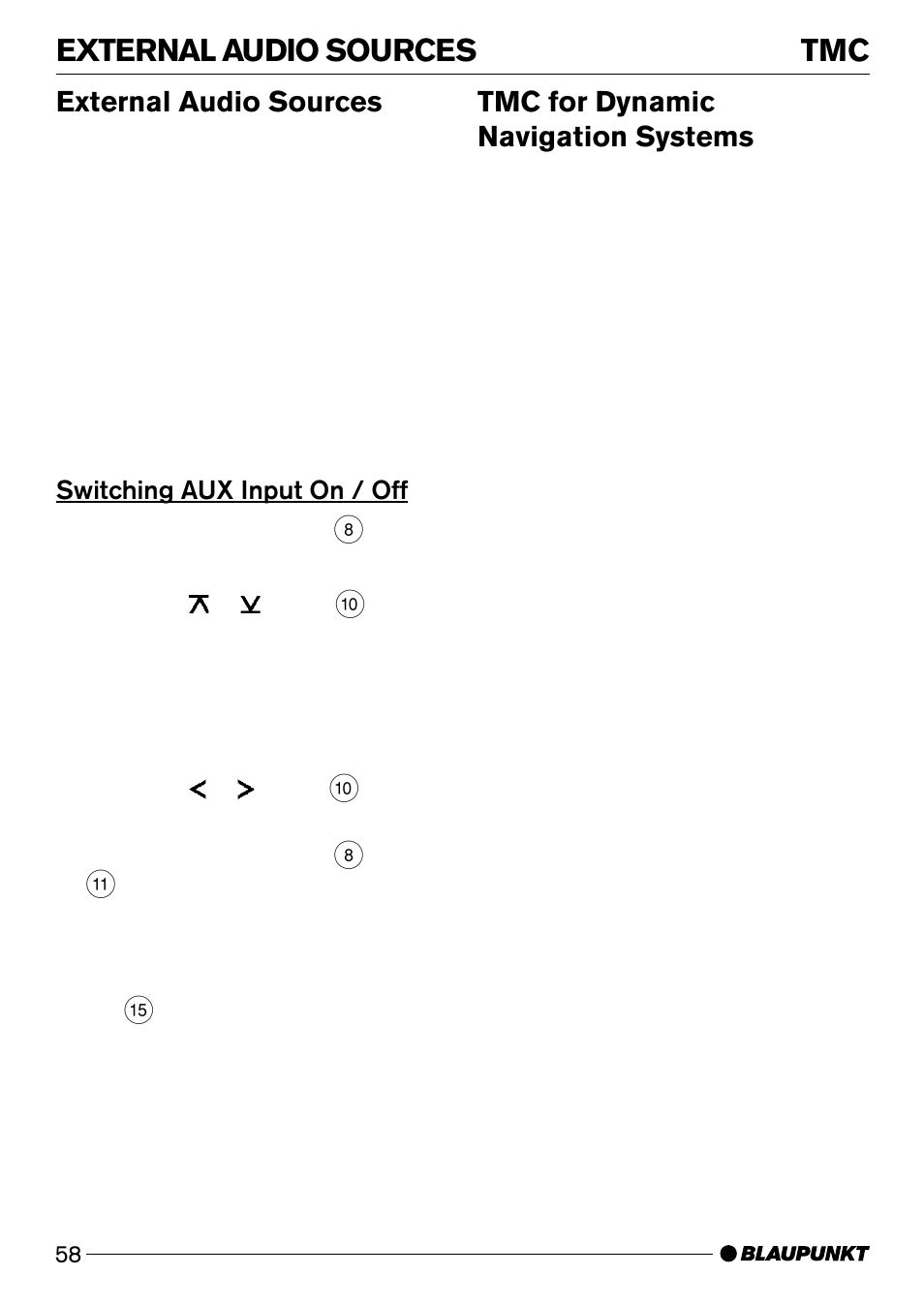 External audio sources, Tmc for dynamic navigation systems | Blaupunkt Verona C51 User Manual | Page 29 / 30