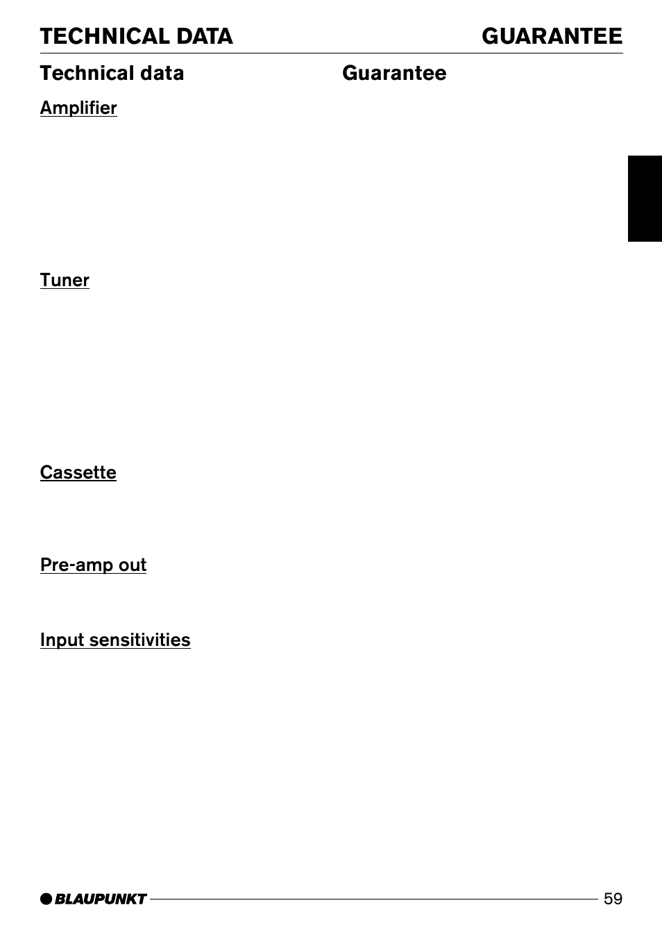 Guarantee technical data, Technical data, Guarantee | Amplifier, Tuner, Cassette, Pre-amp out, Input sensitivities | Blaupunkt Verona C51 User Manual | Page 30 / 30
