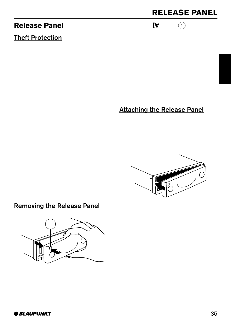 Release panel, Theft protection, Removing the release panel 1 | Attaching the release panel | Blaupunkt Verona C51 User Manual | Page 6 / 30