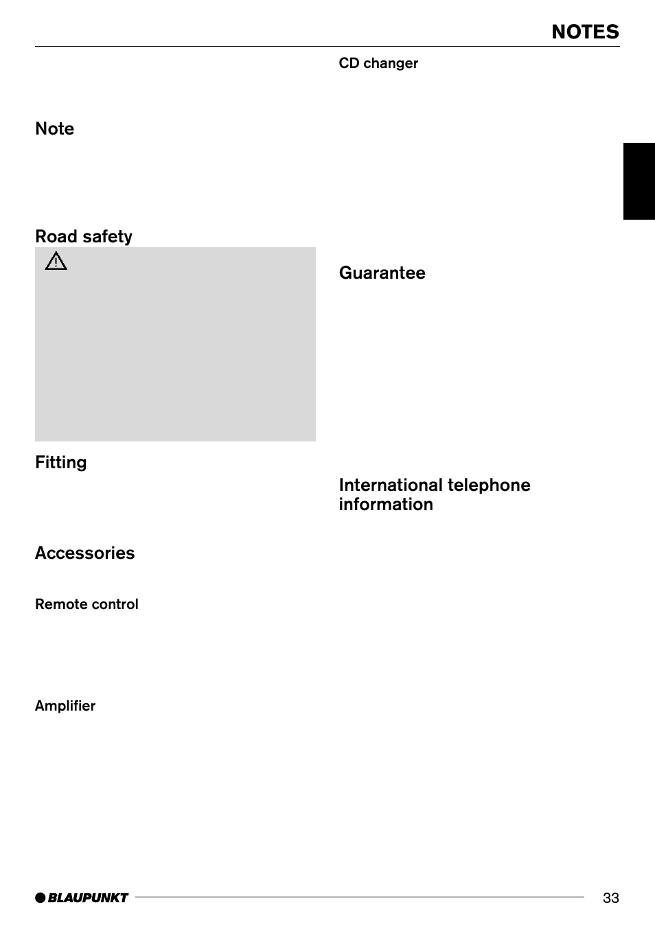 Road safety, Fitting, Accessories | Guarantee, International telephone information | Blaupunkt Alaska CJ70 User Manual | Page 6 / 30