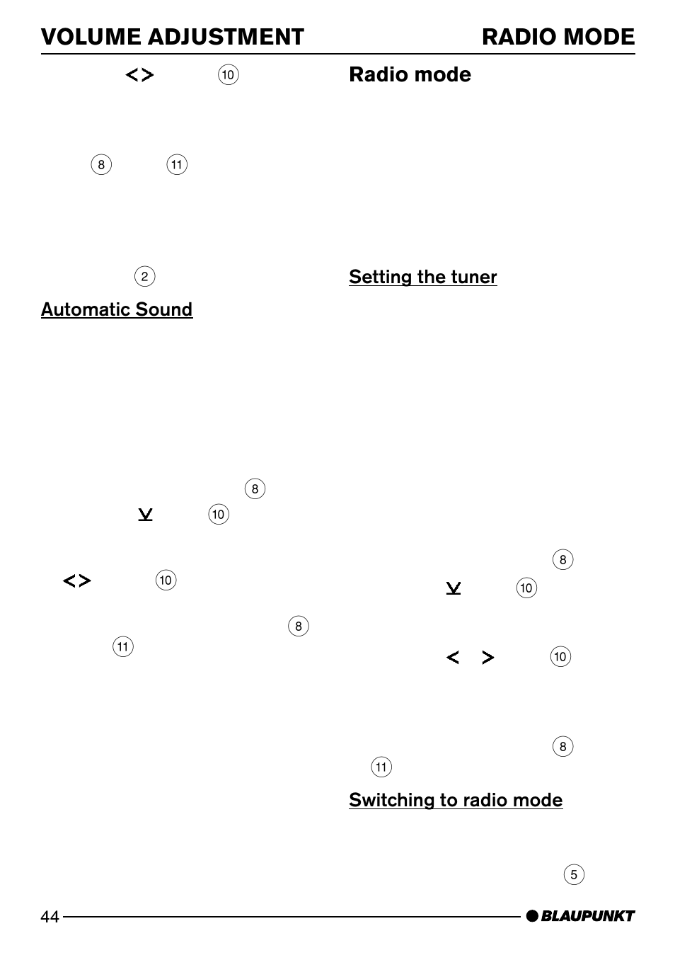 Volume adjustment radio mode, Radio mode | Blaupunkt Acapulco MP52 User Manual | Page 10 / 37