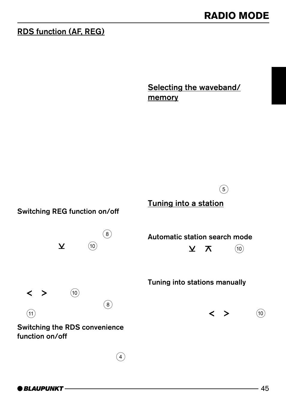 Radio mode, Rds function (af, reg), Tuning into a station | Blaupunkt Acapulco MP52 User Manual | Page 11 / 37