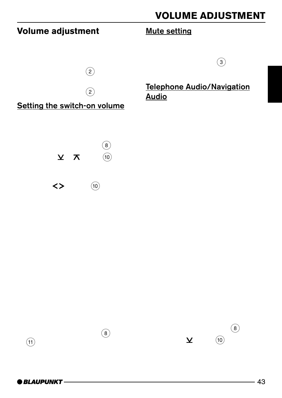 Volume adjustment, Mute setting, Telephone audio/navigation audio | Setting the switch-on volume | Blaupunkt Acapulco MP52 User Manual | Page 9 / 37