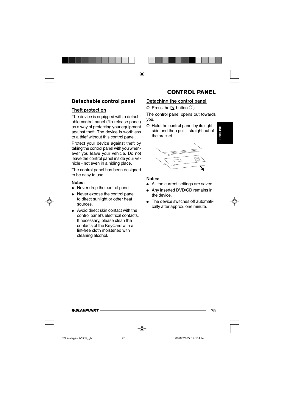Control panel, Detachable control panel, Detaching the control panel | Theft protection | Blaupunkt LAS VEGAS 7 645 650 310 User Manual | Page 10 / 72