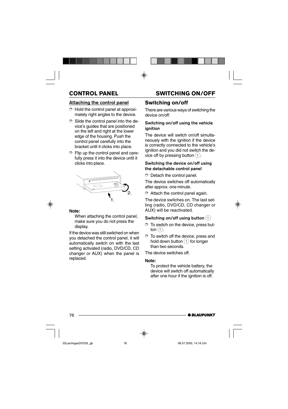 Switching on/off control panel | Blaupunkt LAS VEGAS 7 645 650 310 User Manual | Page 11 / 72