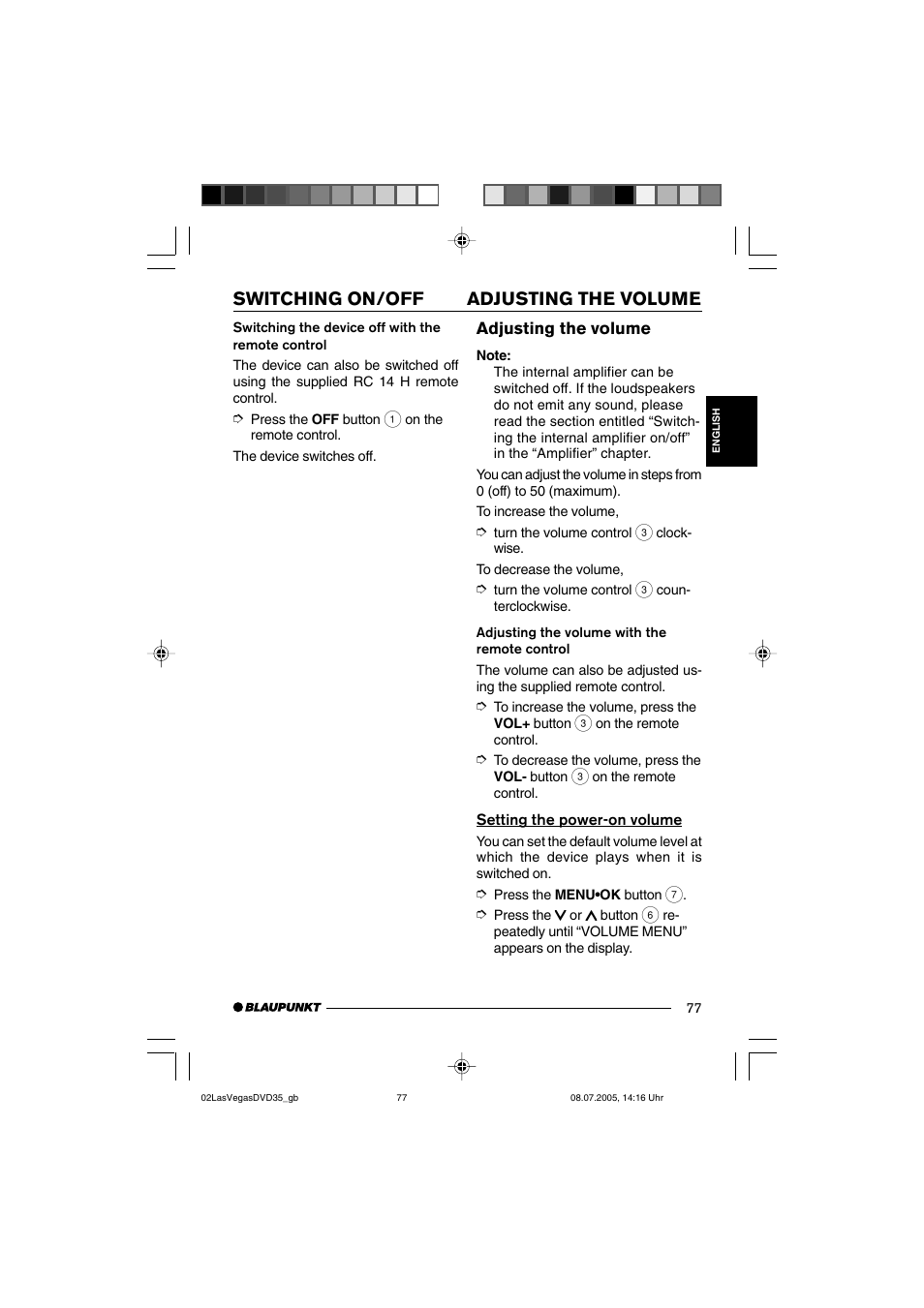 Adjusting the volume switching on/off, Adjusting the volume | Blaupunkt LAS VEGAS 7 645 650 310 User Manual | Page 12 / 72