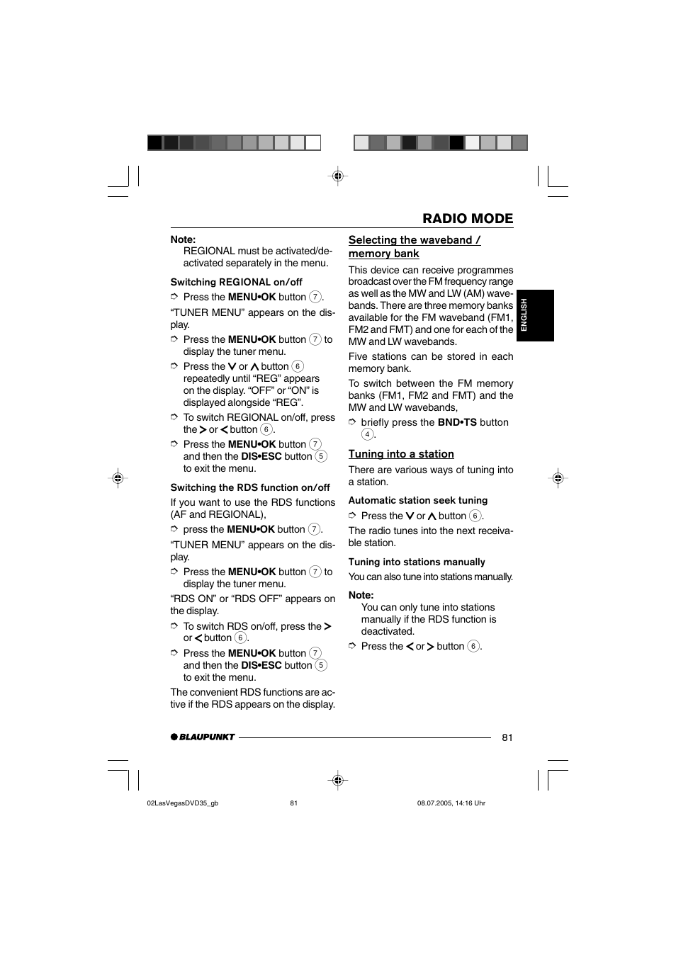 Radio mode | Blaupunkt LAS VEGAS 7 645 650 310 User Manual | Page 16 / 72