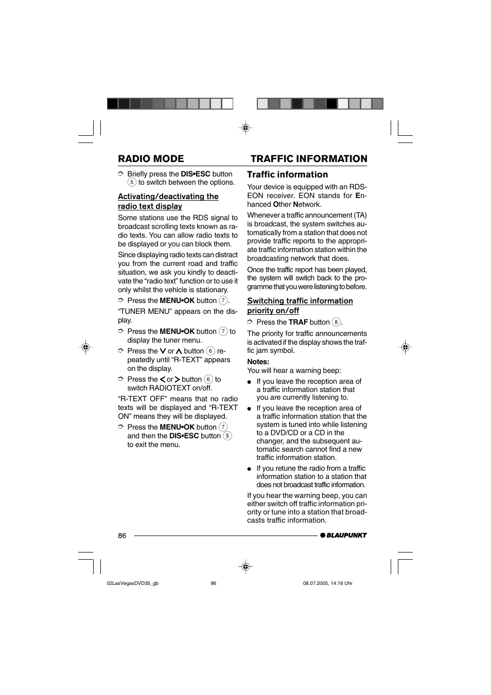 Radio mode traffic information | Blaupunkt LAS VEGAS 7 645 650 310 User Manual | Page 21 / 72