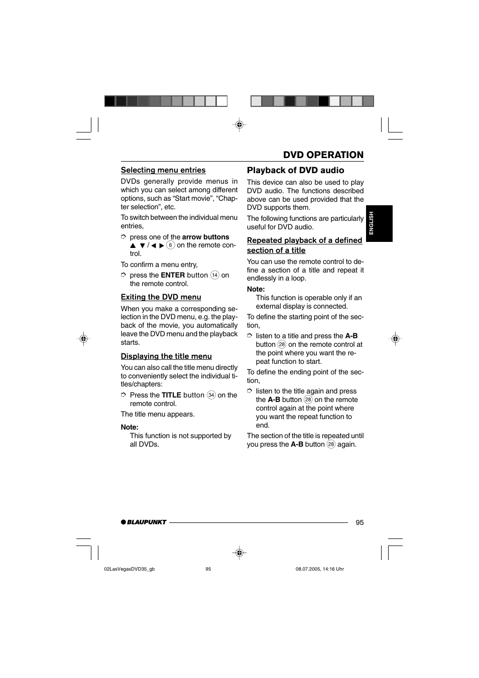 Dvd operation, Playback of dvd audio | Blaupunkt LAS VEGAS 7 645 650 310 User Manual | Page 30 / 72