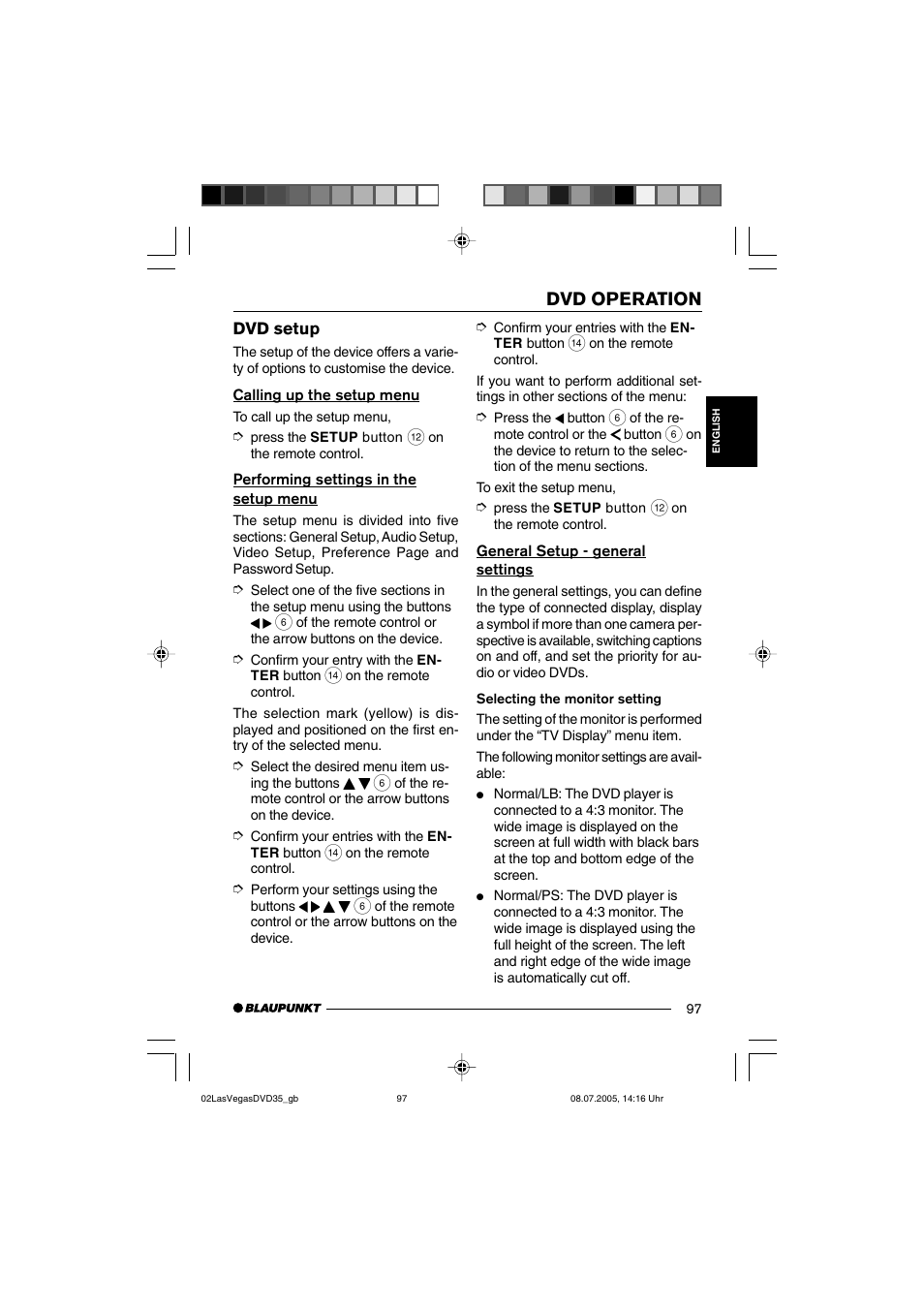 Dvd operation, Dvd setup | Blaupunkt LAS VEGAS 7 645 650 310 User Manual | Page 32 / 72