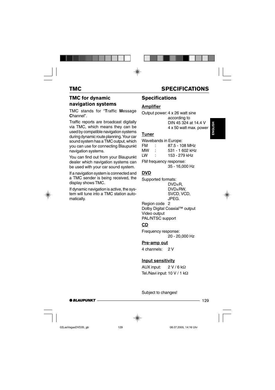 Tmc specifications, Tmc for dynamic navigation systems, Specifications | Blaupunkt LAS VEGAS 7 645 650 310 User Manual | Page 64 / 72