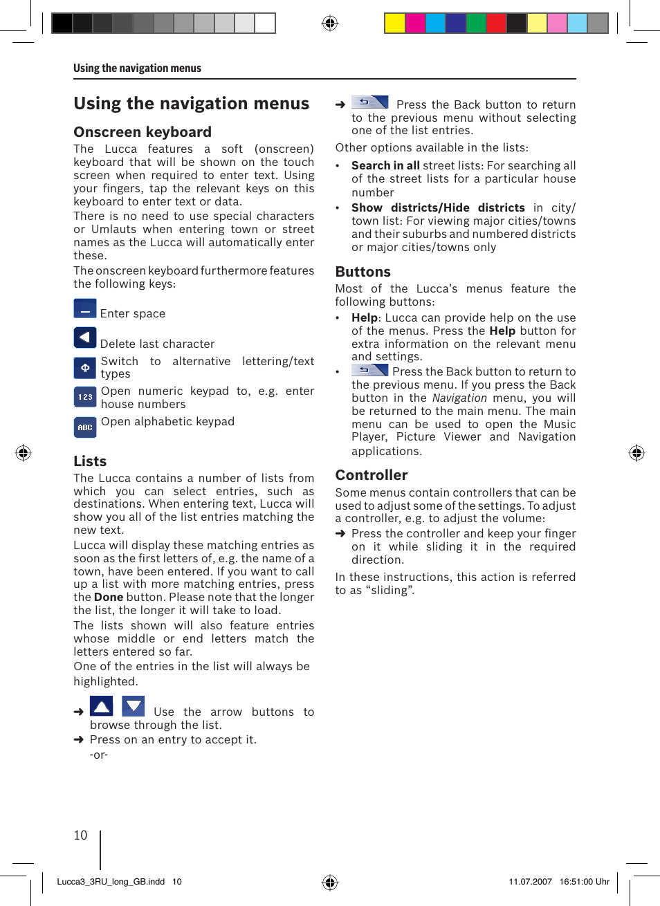 Using the navigation menus, Onscreen keyboard, Lists | Buttons, Controller | Blaupunkt TRAVELPILOT LUCCA 3.3 EE User Manual | Page 10 / 46