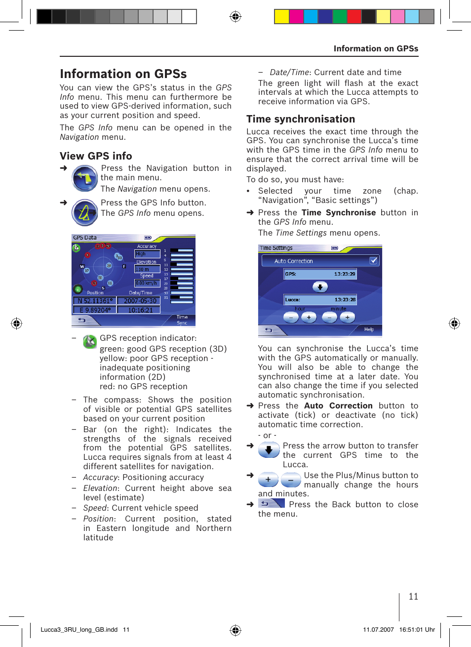 Information on gpss, View gps info, Time synchronisation | Blaupunkt TRAVELPILOT LUCCA 3.3 EE User Manual | Page 11 / 46