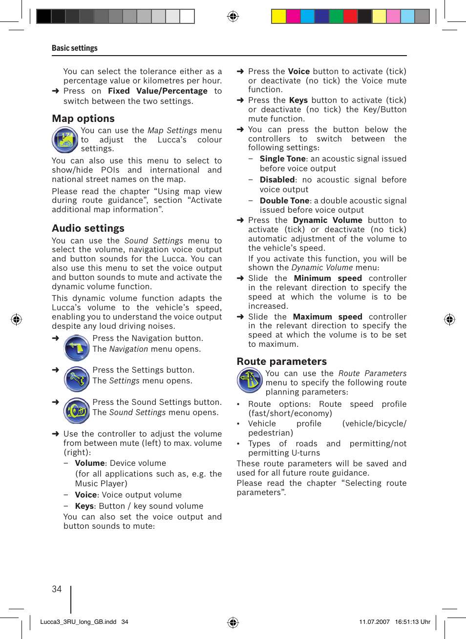 Map options, Audio settings, Route parameters | Blaupunkt TRAVELPILOT LUCCA 3.3 EE User Manual | Page 34 / 46