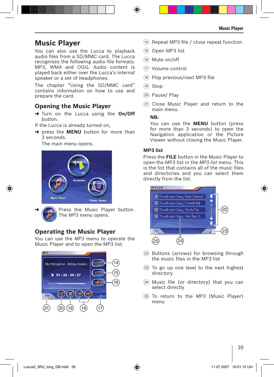 Music player, Opening the music player, Operating the music player | Blaupunkt TRAVELPILOT LUCCA 3.3 EE User Manual | Page 39 / 46