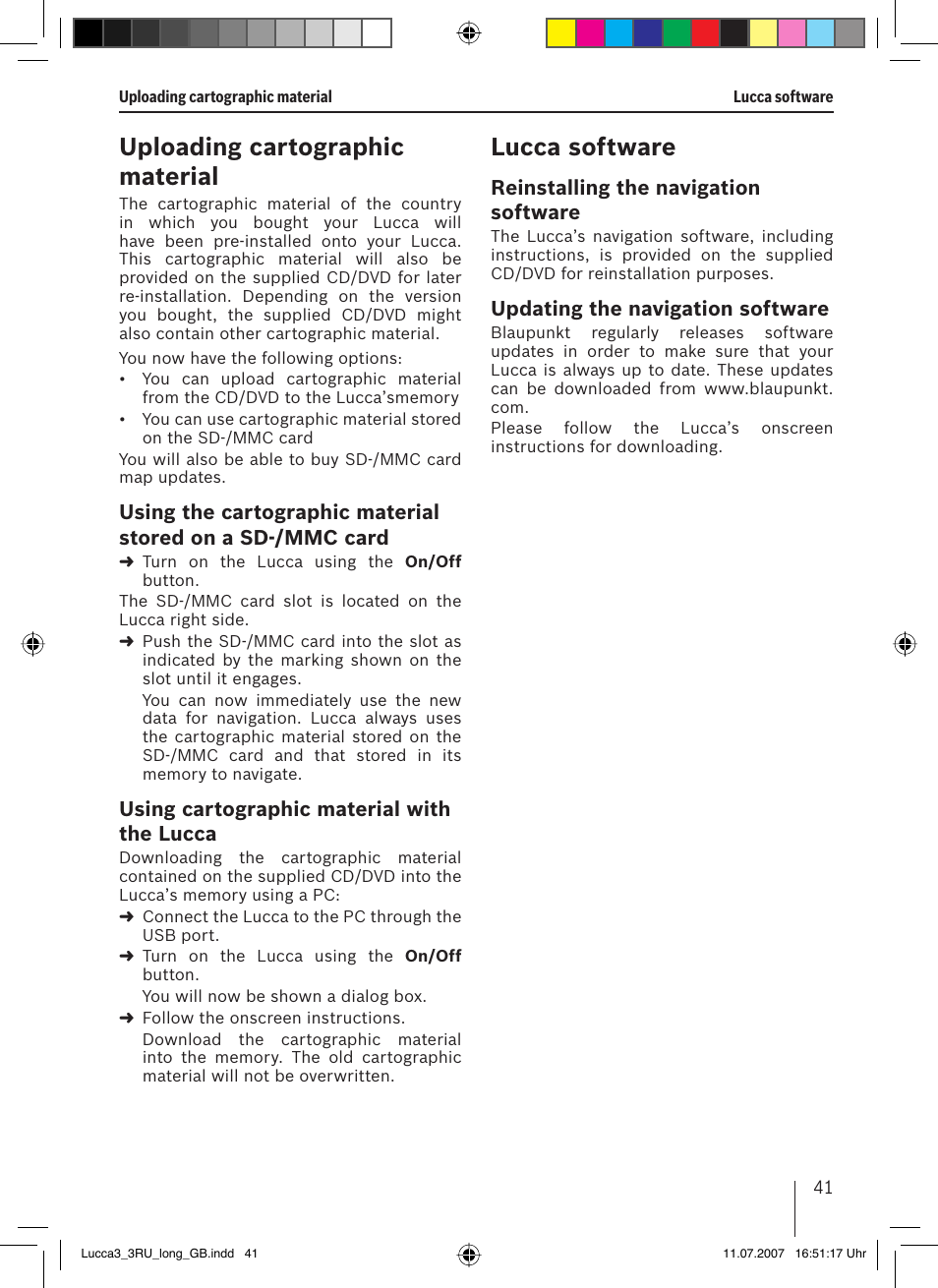 Uploading cartographic material, Lucca software | Blaupunkt TRAVELPILOT LUCCA 3.3 EE User Manual | Page 41 / 46