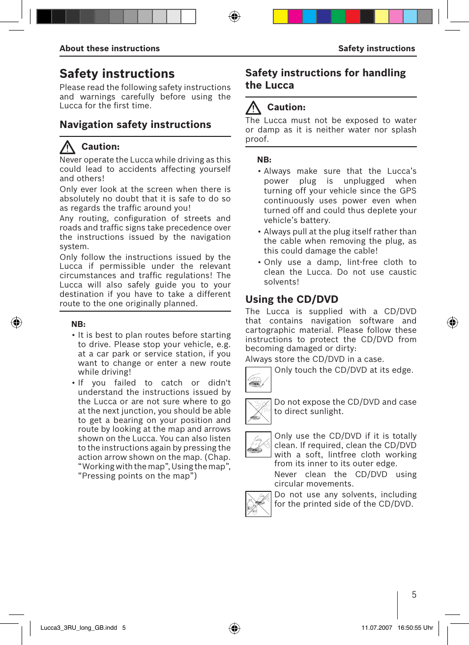 Safety instructions, Safety instructions for handling the lucca, Using the cd/dvd | Navigation safety instructions | Blaupunkt TRAVELPILOT LUCCA 3.3 EE User Manual | Page 5 / 46