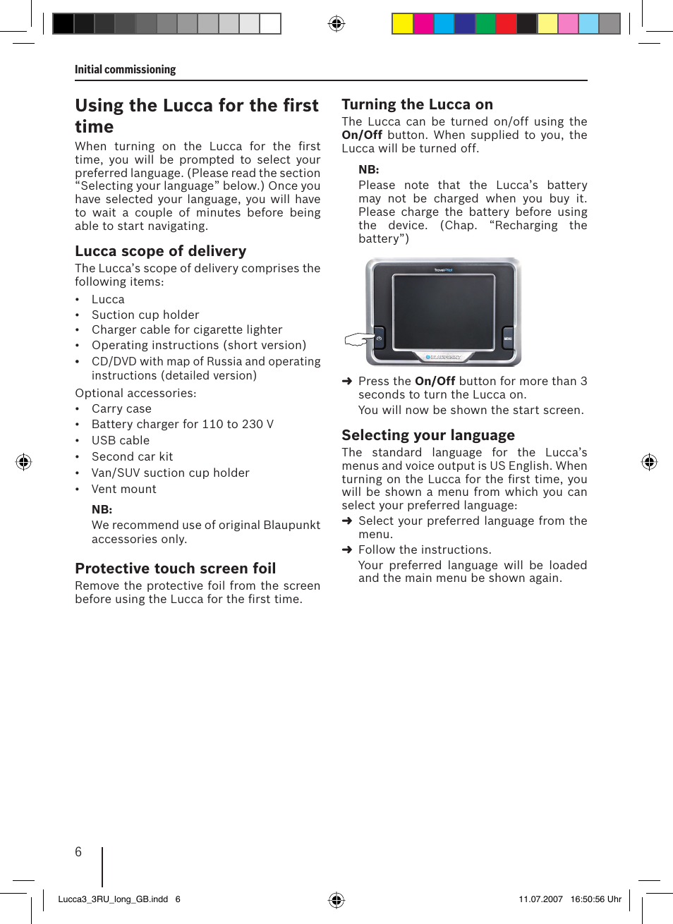 Using the lucca for the ﬁ rst time | Blaupunkt TRAVELPILOT LUCCA 3.3 EE User Manual | Page 6 / 46