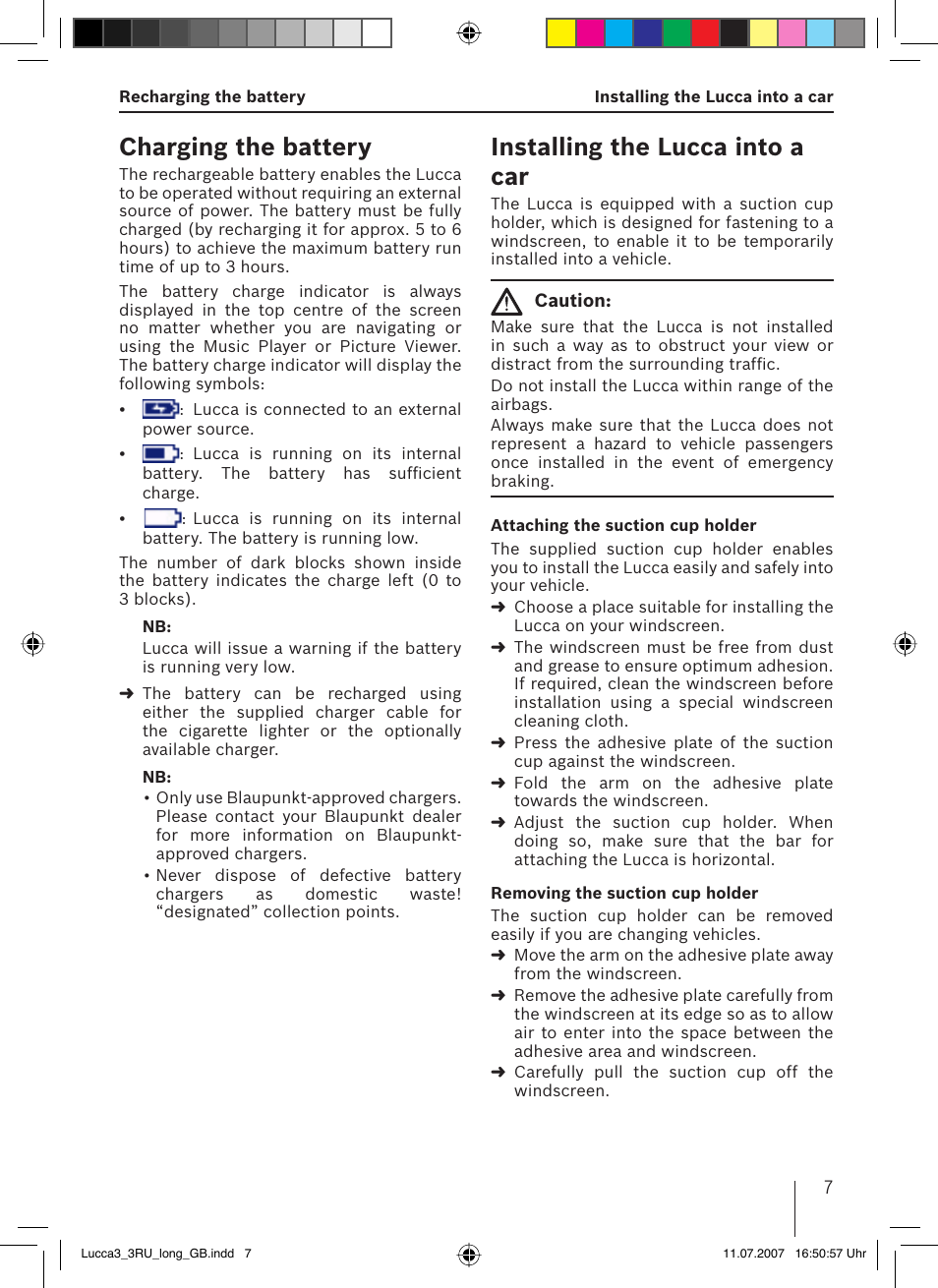 Charging the battery, Installing the lucca into a car | Blaupunkt TRAVELPILOT LUCCA 3.3 EE User Manual | Page 7 / 46