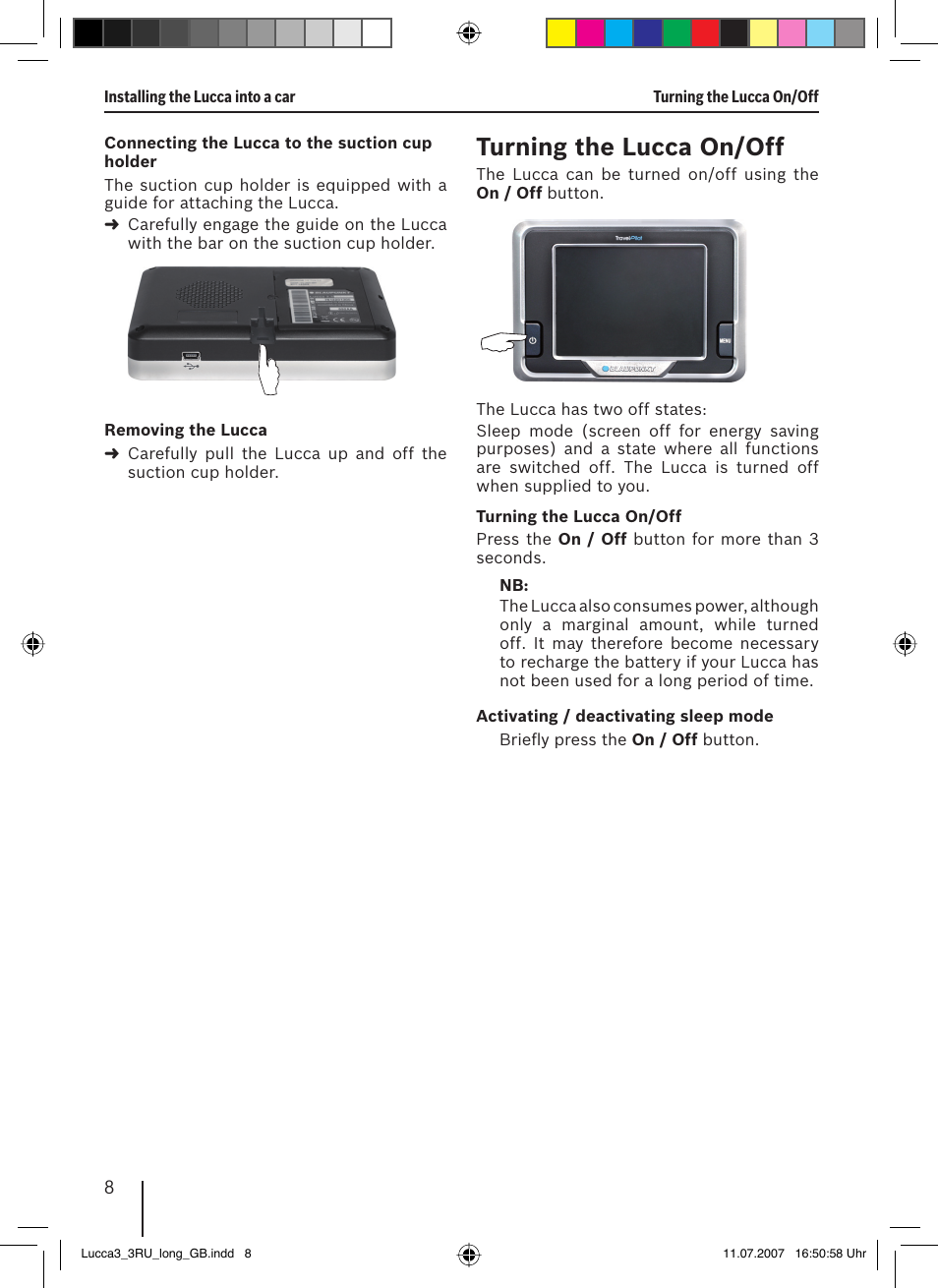 Turning the lucca on/off | Blaupunkt TRAVELPILOT LUCCA 3.3 EE User Manual | Page 8 / 46