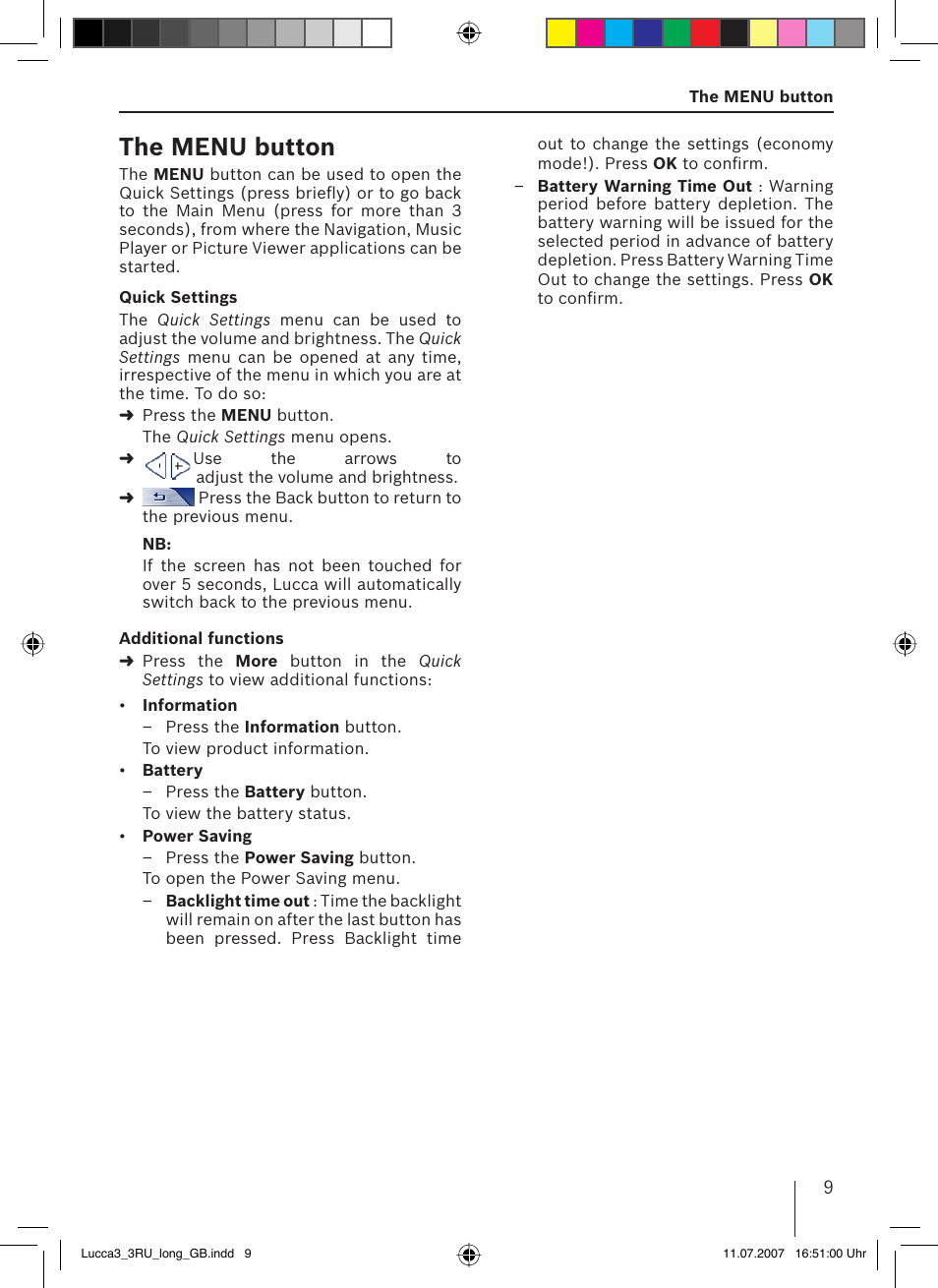 The menu button | Blaupunkt TRAVELPILOT LUCCA 3.3 EE User Manual | Page 9 / 46