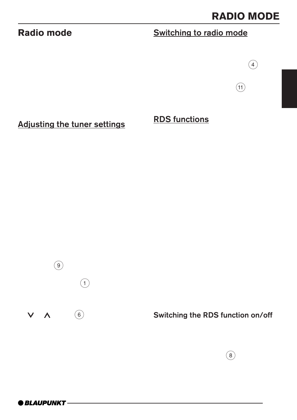 Radio mode, Adjusting the tuner settings, Switching to radio mode | Rds functions | Blaupunkt BARCELONA MP35 User Manual | Page 12 / 41