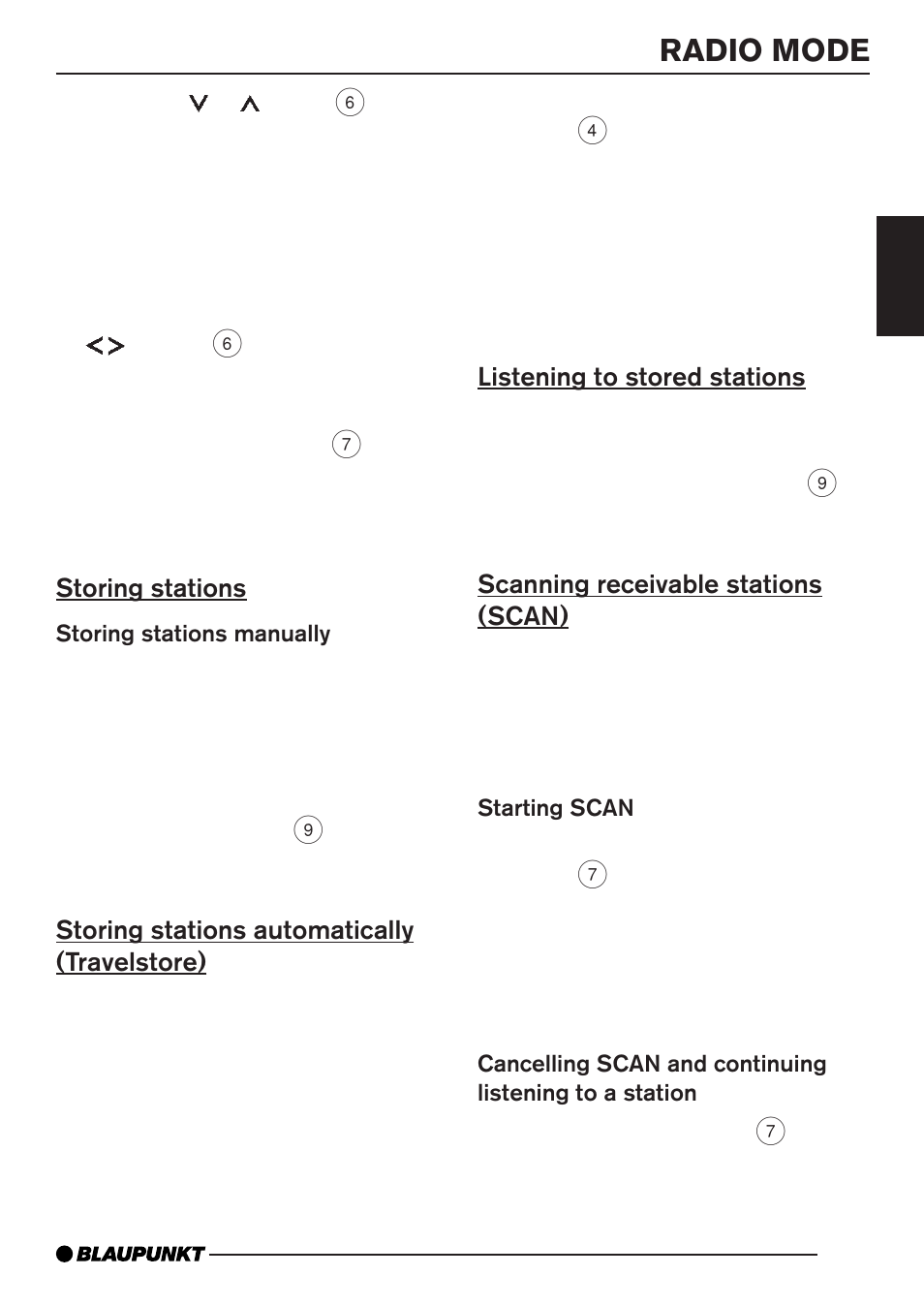 Radio mode, Storing stations, Storing stations automatically (travelstore) | Listening to stored stations, Scanning receivable stations (scan) | Blaupunkt BARCELONA MP35 User Manual | Page 14 / 41