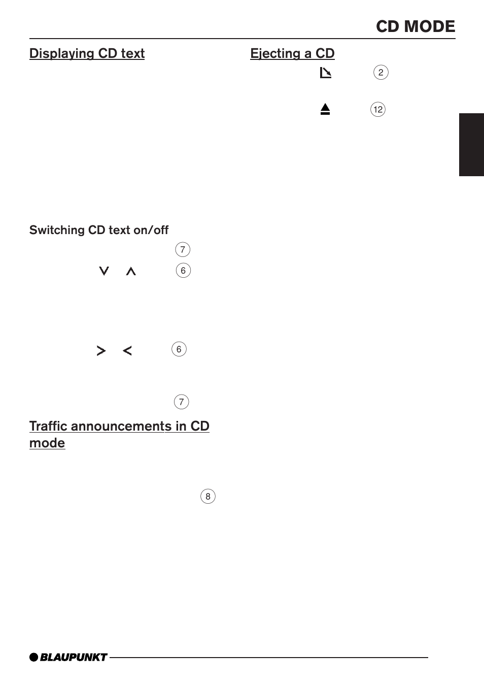 Cd mode, Displaying cd text, Traffic announcements in cd mode | Ejecting a cd | Blaupunkt BARCELONA MP35 User Manual | Page 20 / 41