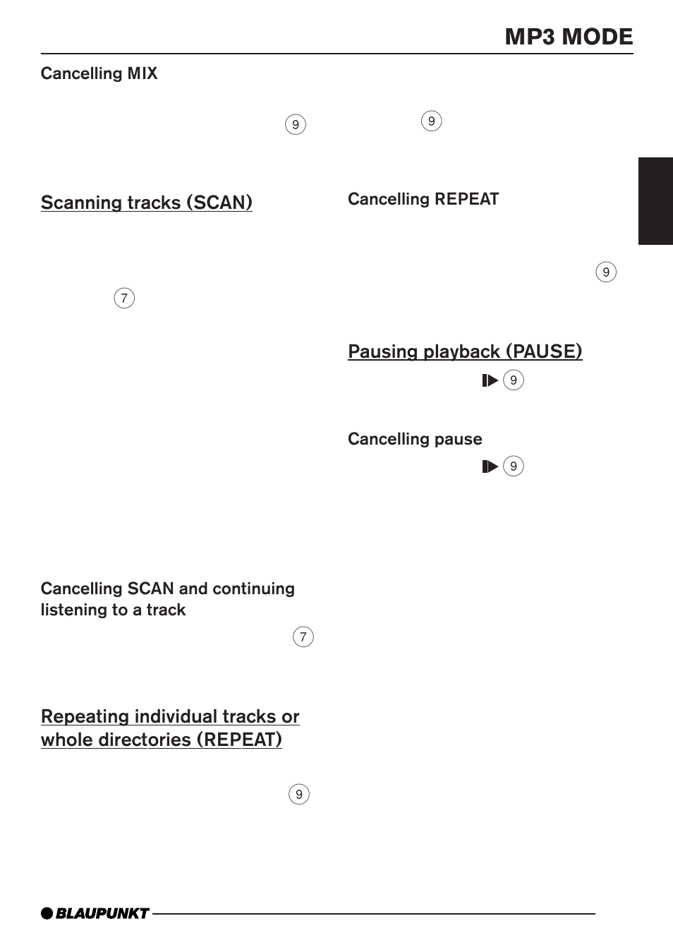 Mp3 mode, Scanning tracks (scan), Pausing playback (pause) | Blaupunkt BARCELONA MP35 User Manual | Page 24 / 41