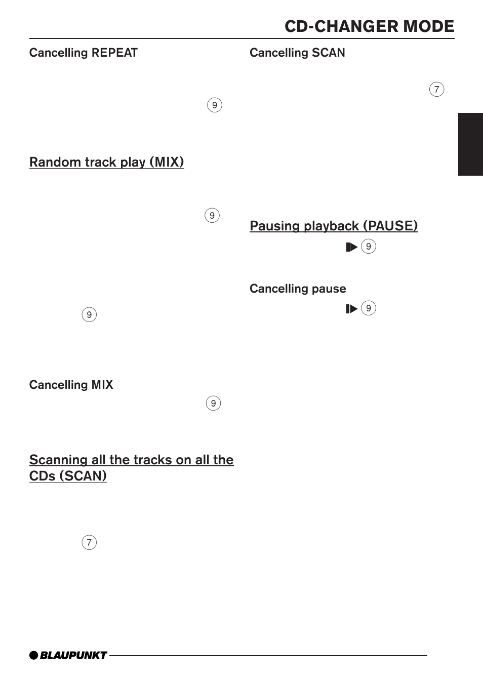 Cd-changer mode, Random track play (mix), Scanning all the tracks on all the cds (scan) | Pausing playback (pause) | Blaupunkt BARCELONA MP35 User Manual | Page 26 / 41