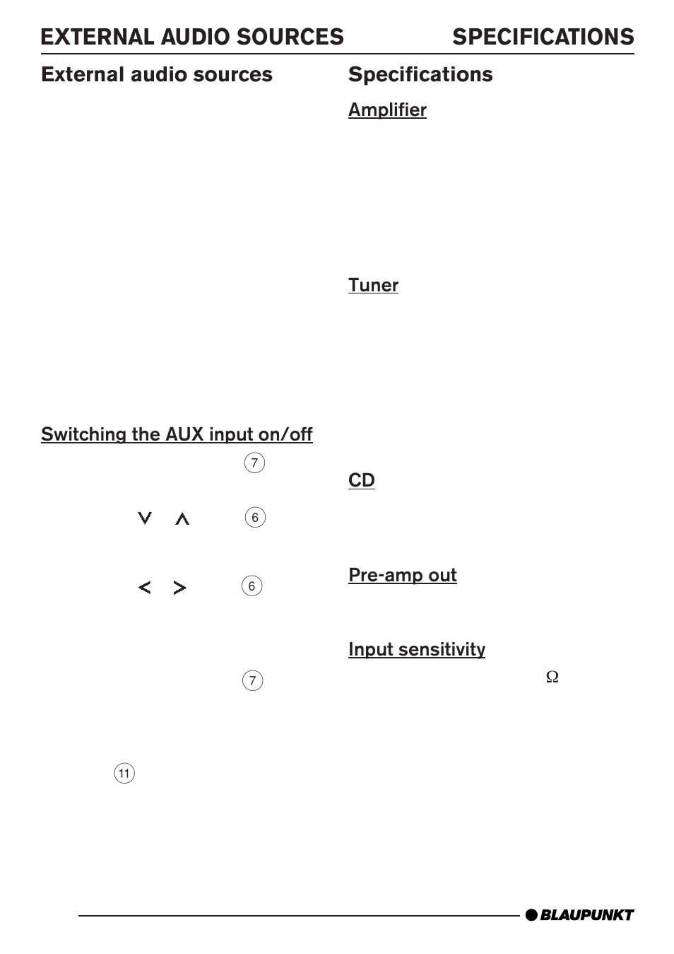 Specifications, External audio sources | Blaupunkt BARCELONA MP35 User Manual | Page 33 / 41