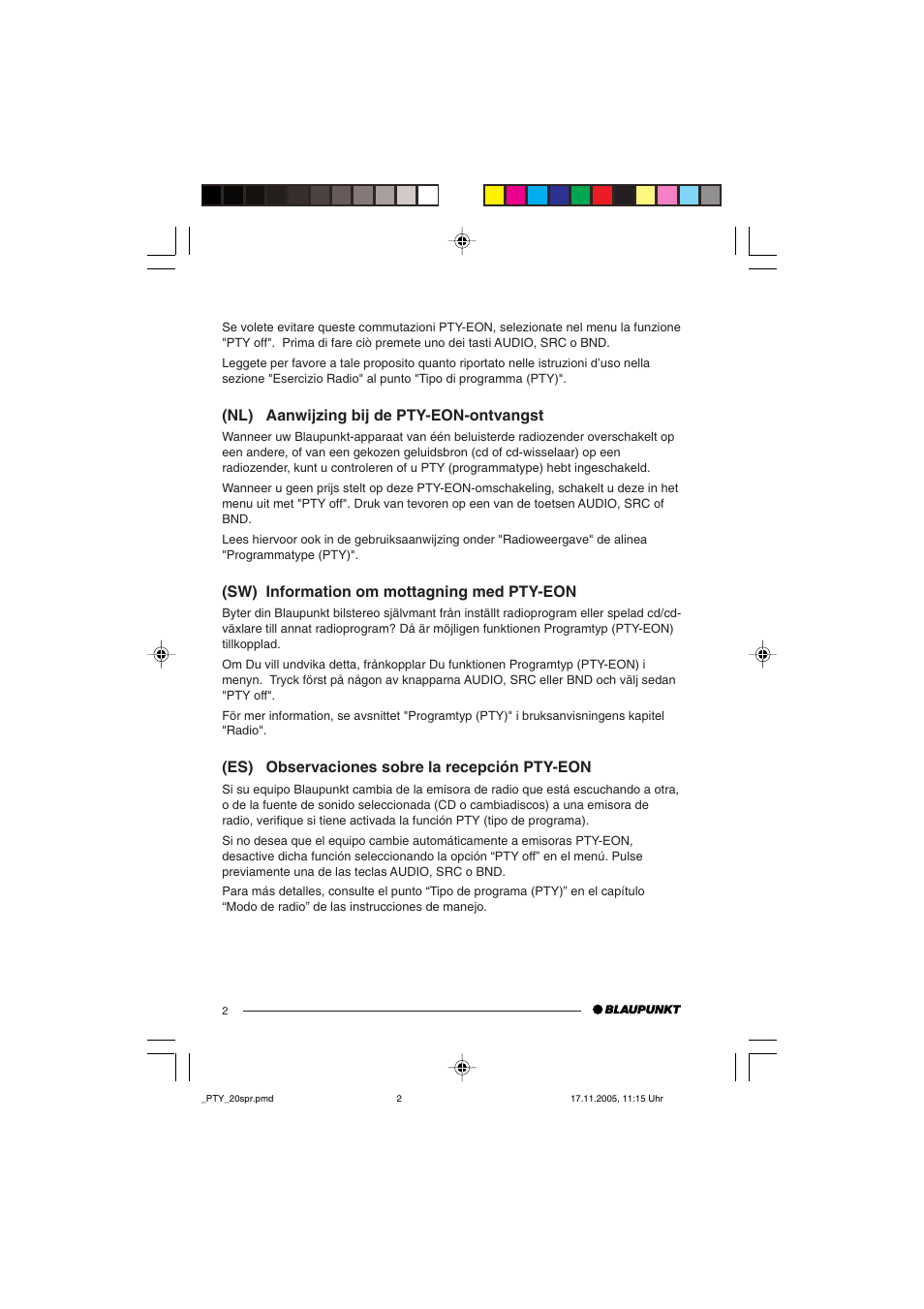 Nl) aanwijzing bij de pty-eon-ontvangst, Sw) information om mottagning med pty-eon, Es) observaciones sobre la recepción pty-eon | Blaupunkt BARCELONA MP35 User Manual | Page 37 / 41