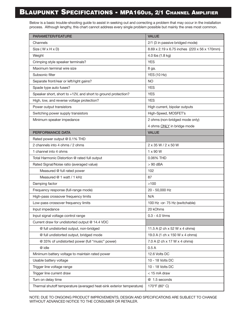 Laupunkt, Pecifications, Mpa160 | 2/1 c | Blaupunkt MPA160us User Manual | Page 2 / 13