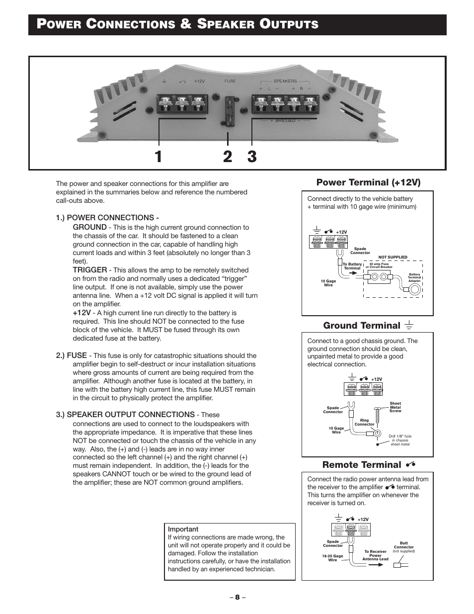 Ower, Onnections, Peaker | Utputs, Power terminal (+12v), Ground terminal remote terminal | Blaupunkt MPA160us User Manual | Page 8 / 13