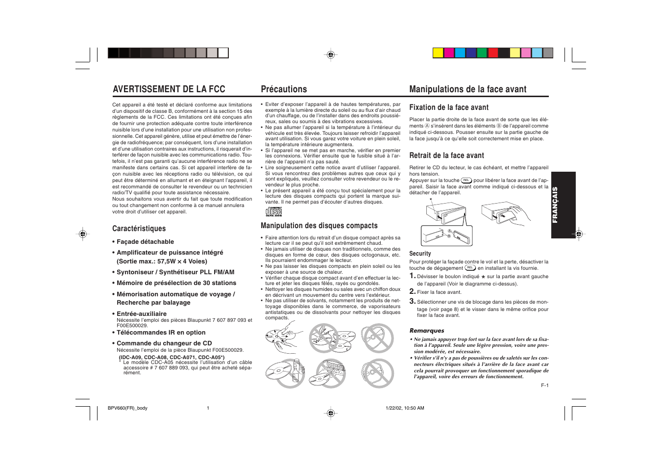 Précautions, Avertissement de la fcc, Manipulations de la face avant | Blaupunkt BPV 660 User Manual | Page 13 / 45