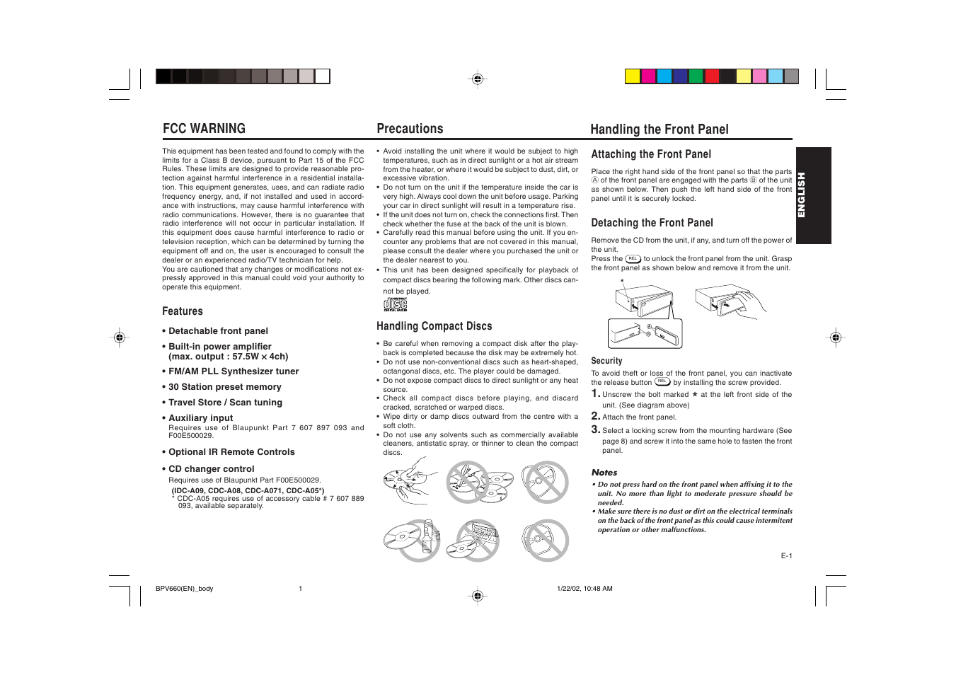 Precautions, Fcc warning, Handling the front panel | Blaupunkt BPV 660 User Manual | Page 2 / 45