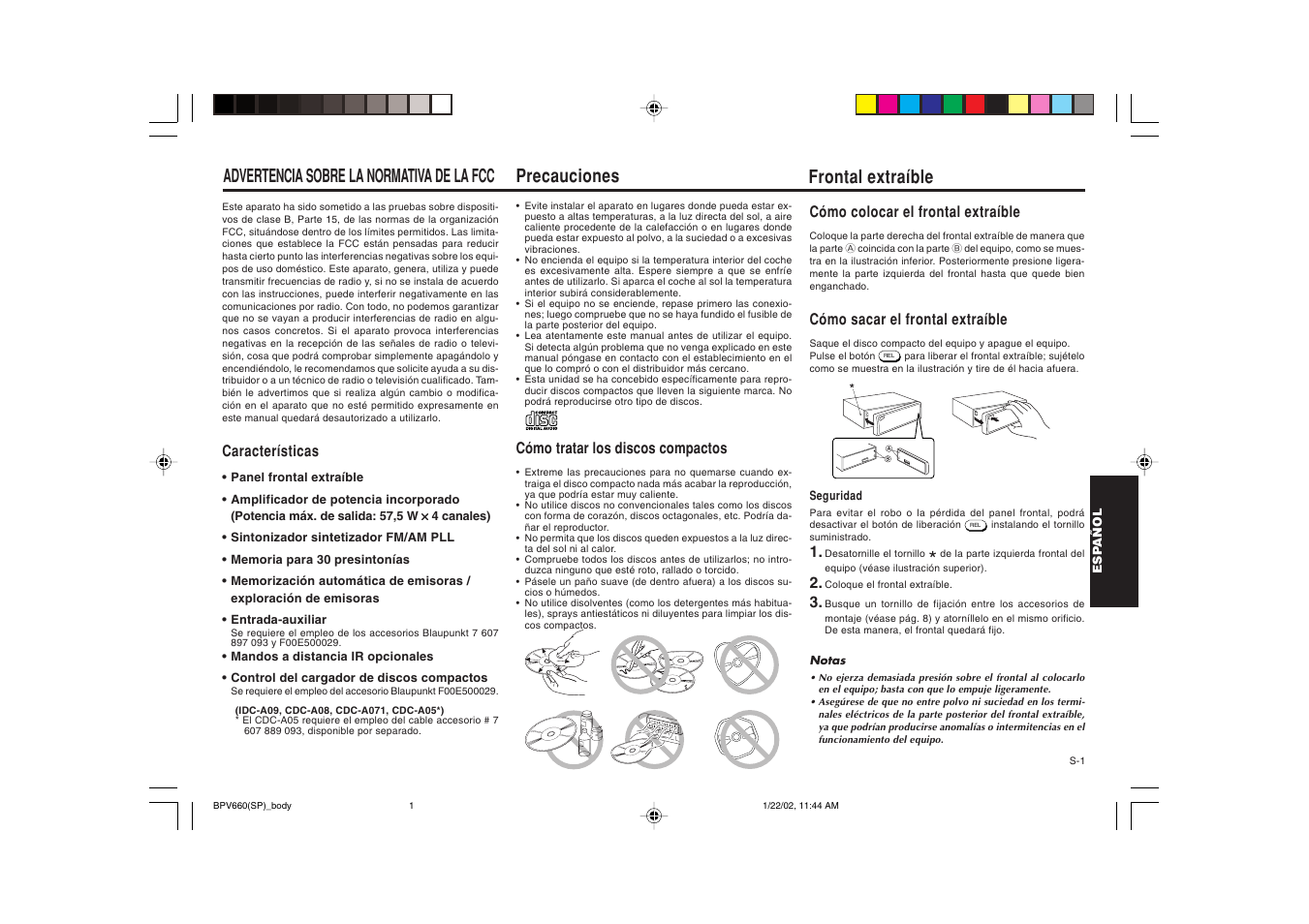 Precauciones, Advertencia sobre la normativa de la fcc, Frontal extraíble | Blaupunkt BPV 660 User Manual | Page 24 / 45