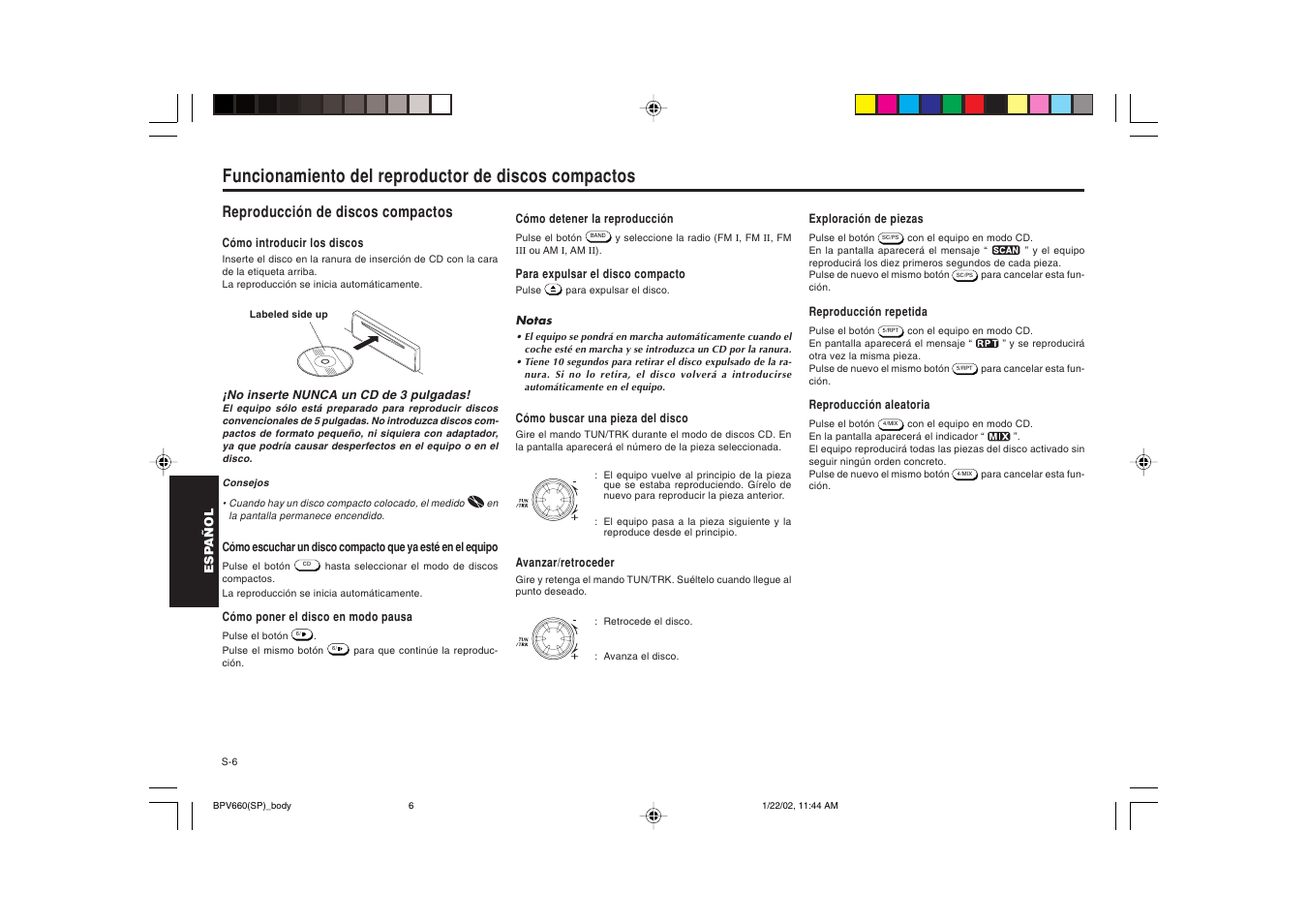 Funcionamiento del reproductor de discos compactos, Reproducción de discos compactos | Blaupunkt BPV 660 User Manual | Page 29 / 45