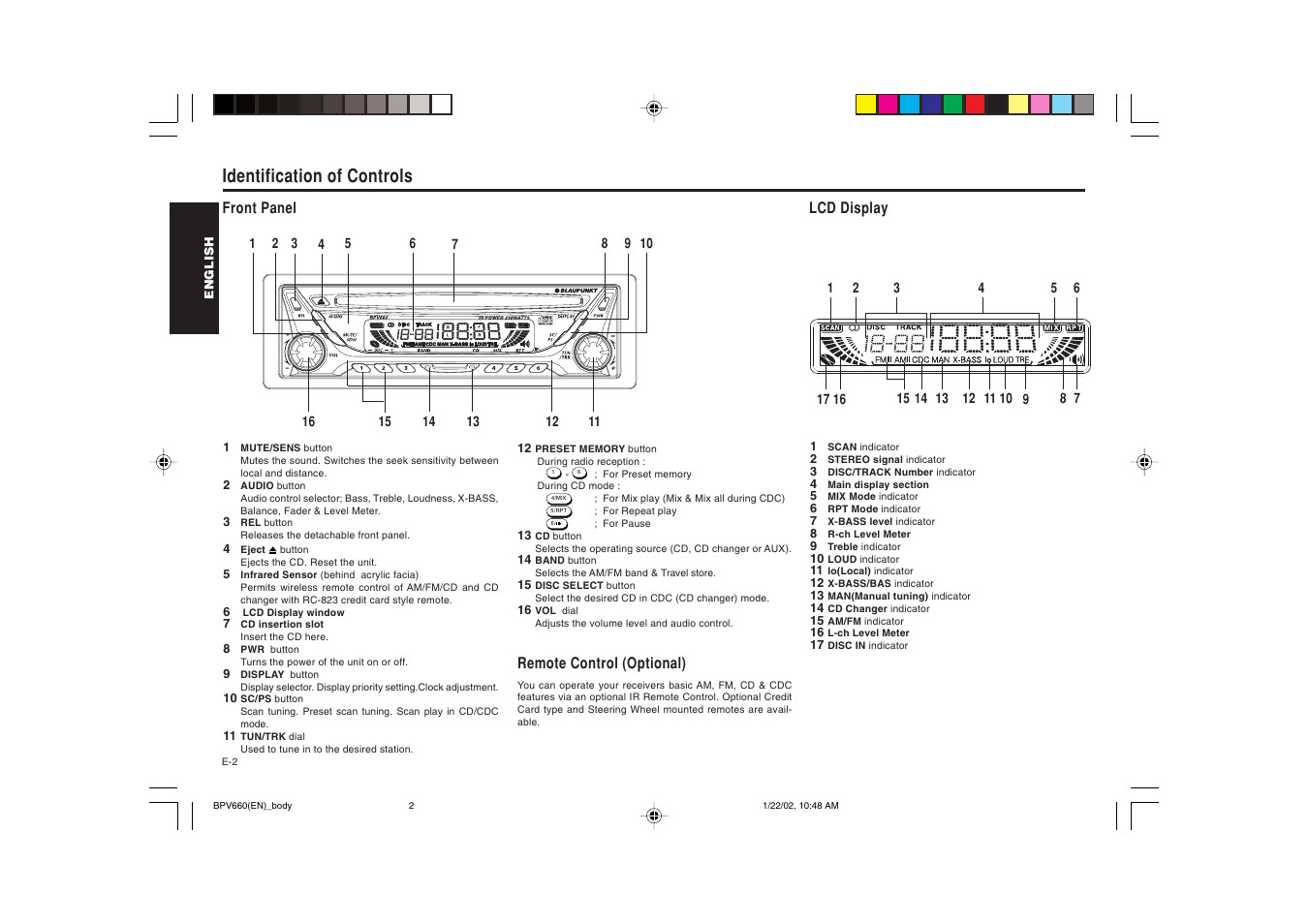 Identification of controls | Blaupunkt BPV 660 User Manual | Page 3 / 45